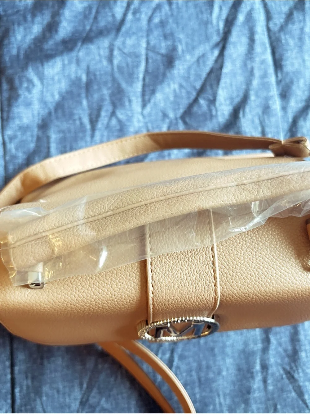 ✨ Tan “M” Emblem Top Handle Crossbody Handbag